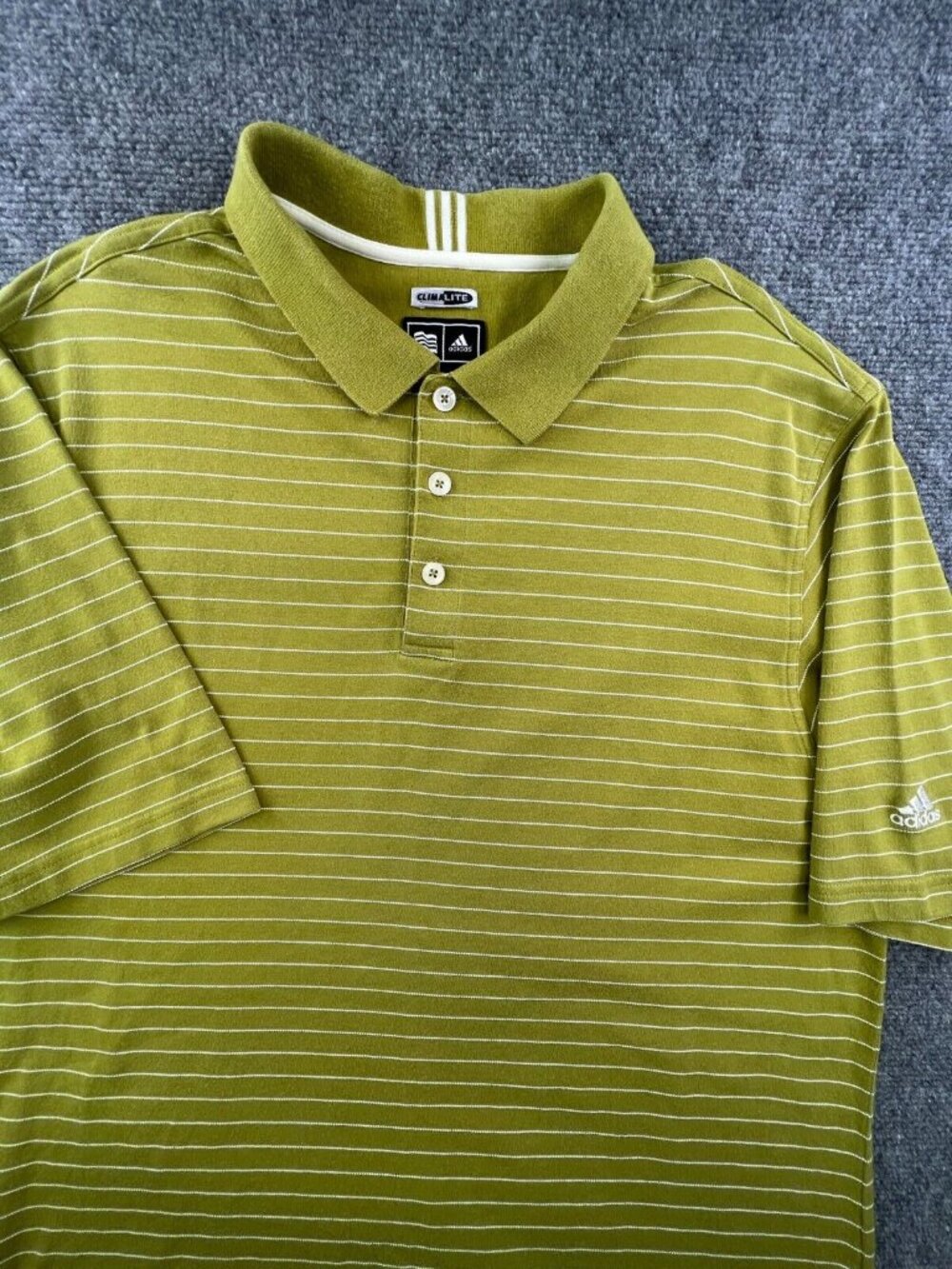 Adidas Green White Striped Polo Shirt Short Sleeve Large Climalite Cotton Blend